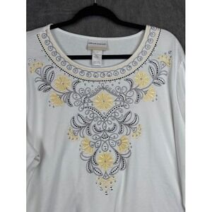Alfred Dunner Woman 2X White Embellished Floral Top Round Neck 3/4 Sleeve